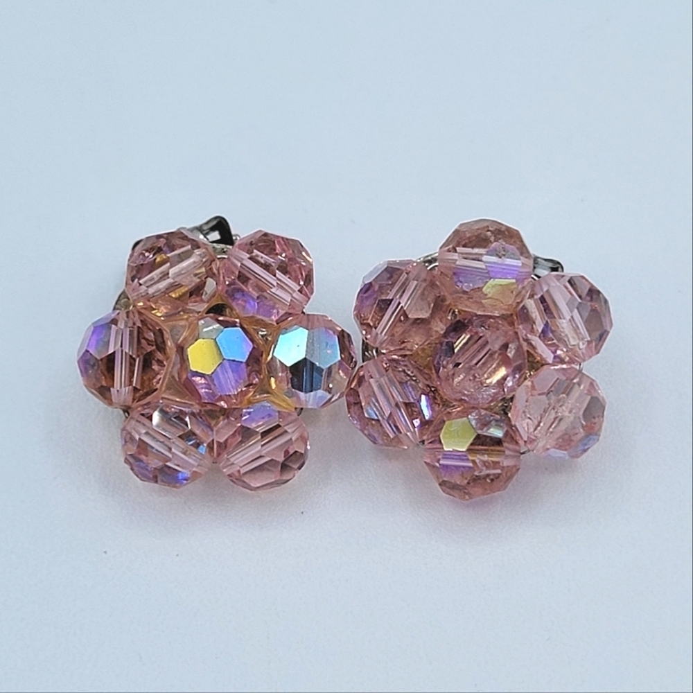 Vintage Pink Crystal Cluster Earrings #2424